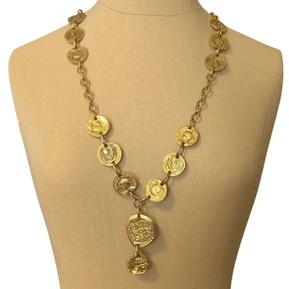 Vintage Roman Coin Cross Gold Medallion Lariat Bib Necklace Chunky Chain Link - Picture 1 of 13